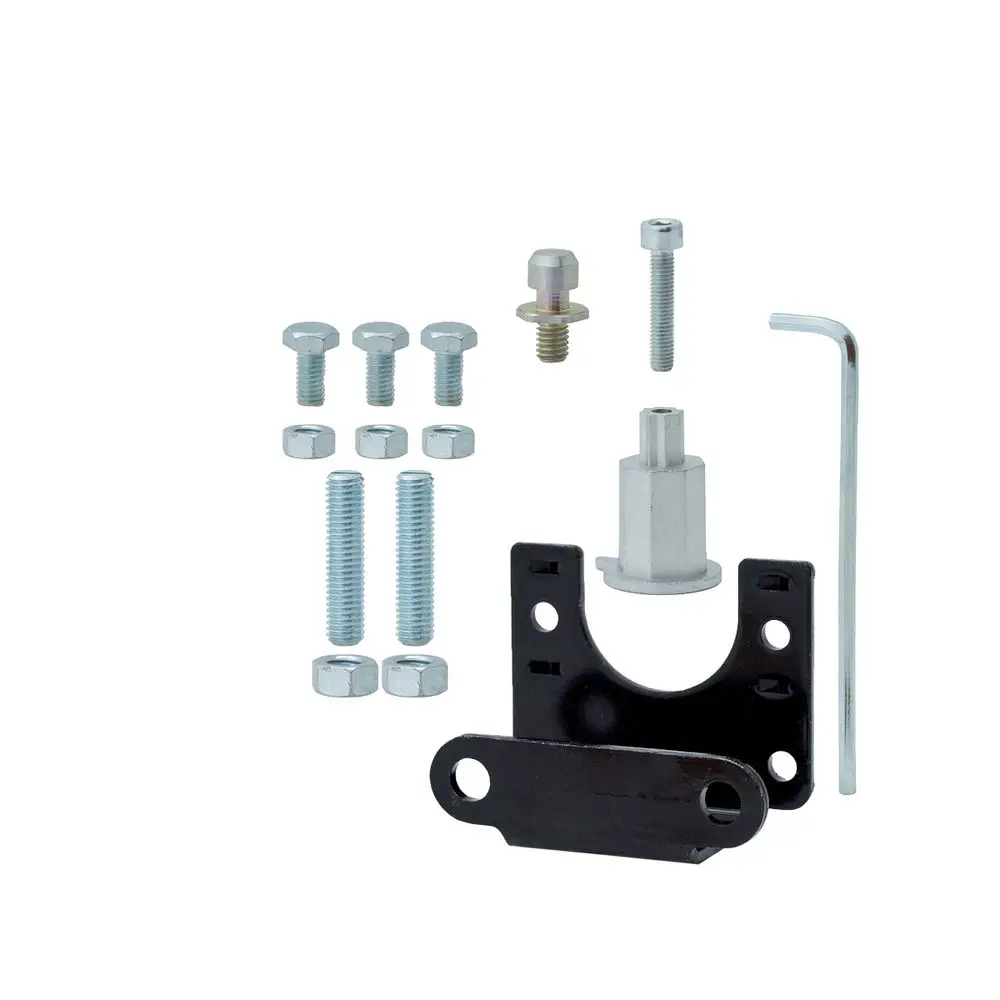 Montagesatz mit Metallteilen und Schrauben für ESBE Motoren. Enthält unterschiedliche Schrauben, eine Halterung und einen Sechskantschlüssel zur Befestigung.